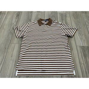 Polo Ralph Lauren Polo Shirt Men XL Beige Brown Striped Cotton Short Sleeve Logo